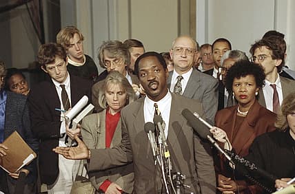 Charles Ogletree, lawyer for Anita Hill, speaks to reporters