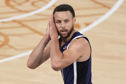 United States’ Stephen Curry (4) reacts after a three-point basket against France in the men’s gold medal basketball game at the 2024 Summer Olympics, Saturday, Aug. 10, 2024 in Paris, France. (AP Photo/Michael Conroy) theGrio.com