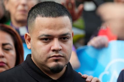 Kilmar Abrego Garcia at a protest rally in Baltimore, Maryland