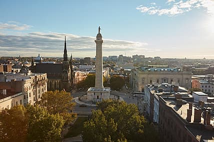 Aerial shot of the Mount Vernon neighborhood in Baltimore.