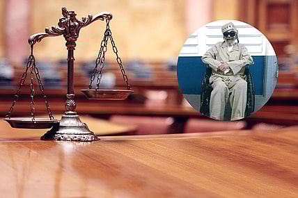 A photo of Charles "Sonny" Burton with a stock image of a courtroom