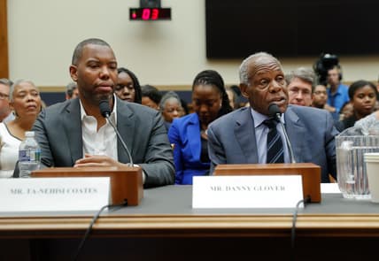 Actor Danny Glover, right, and author Ta-Nehisi Coates, left, testify about reparation for the descendants of slaves during a hearing before the House Judiciary Subcommittee on the Constitution, Civil Rights and Civil Liberties, at the Capitol in Washington, Wednesday, June 19, 2019. (AP Photo/Pablo Martinez Monsivais)