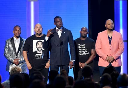 LOS ANGELES, CALIFORNIA - JUNE 23: (L-R) Korey Wise, Raymond Santana Jr., Yusef Salaam, Antron McCray, and Kevin Richardson of the "Central Park Five" speak onstage at the 2019 BET Awards on June 23, 2019 in Los Angeles, California. (Photo by Kevin Winter/Getty Images)