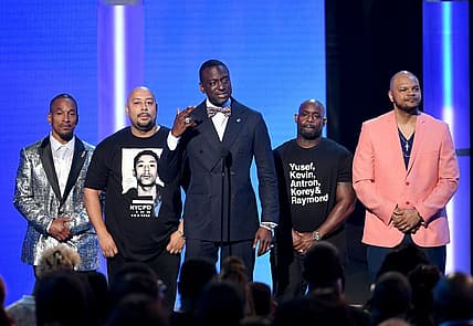 LOS ANGELES, CALIFORNIA - JUNE 23: (L-R) Korey Wise, Raymond Santana Jr., Yusef Salaam, Antron McCray, and Kevin Richardson of the "Central Park Five" speak onstage at the 2019 BET Awards on June 23, 2019 in Los Angeles, California. (Photo by Kevin Winter/Getty Images)