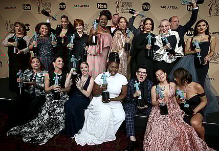 The cast of 'Orange Is The New Black' pose in the press room with their award for Outstanding Performance by an Ensemble in a Comedy Series at the 23rd Annual Screen Actors Guild Awards at The Shrine Expo Hall on January 29, 2017 in Los Angeles, California. (Photo by Dan MacMedan/WireImage)