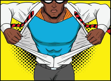 A cartoon of a man pulling open his shirt to show a superhero costume underneath