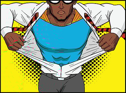 A cartoon of a man pulling open his shirt to show a superhero costume underneath