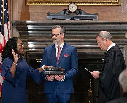 Chief Justice John G. Roberts, Jr., right, administers the Constitutional Oath to Judge Ketanji Brown Jackson
