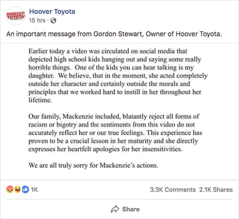 Gordon Stewart, the owner of Hoover Toyota, addressed his daughter McKenzie's behavior on his business’ social media accounts. thegrio.com