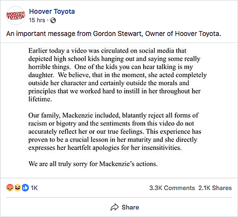Gordon Stewart, the owner of Hoover Toyota, addressed his daughter McKenzie's behavior on his business’ social media accounts.  thegrio.com
