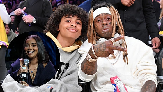 Kameron Carter attends NBA game with father Dwayne 'Lil Wayne' Carter (Allen Berezovsky/Getty Images), mother Lauren London appears in inset photo ( Nykieria Chaney/ Getty Images)