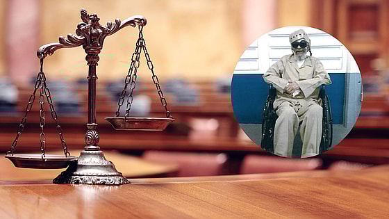 A photo of Charles "Sonny" Burton with a stock image of a courtroom