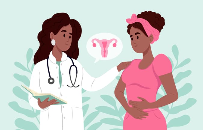 July is fibroids awareness month.
Uterine Fibroids symptoms, diagnostic and treatment. A Black family doctor is talking to a patient with uterine fibroids. Consultation of a gynecologist
(Adobe Stock)