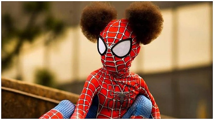afro-puffs and spidey suit