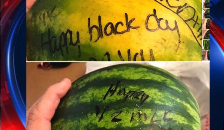 Kelly Martin Aimery posted a photo of the racist watermelon her daughter received at work on MLK Day. (Kelly Martin Aimery/Facebook) thegrio.com