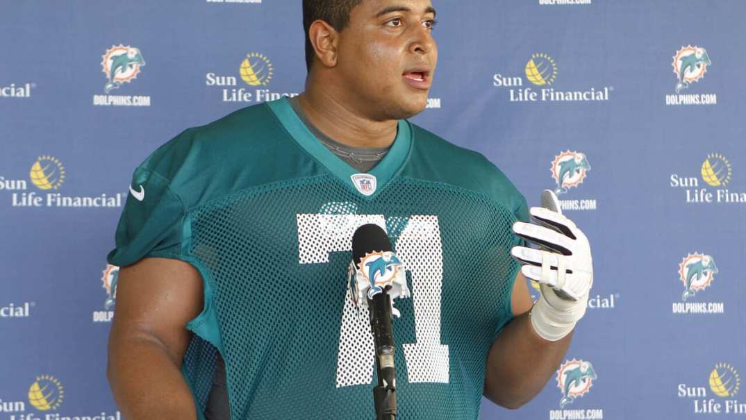 DAVIE, FL - MAY 4: Jonathan Martin #71 of the Miami Dolphins talks ot the media after the rookie minicamp on May 4, 2012 at the Miami Dolphins training facility in Davie, Florida. (Photo by Joel Auerbach/Getty Images) thegrio.com