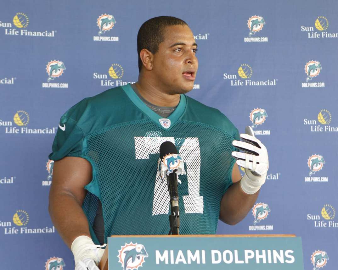 DAVIE, FL - MAY 4: Jonathan Martin #71 of the Miami Dolphins talks ot the media after the rookie minicamp on May 4, 2012 at the Miami Dolphins training facility in Davie, Florida. (Photo by Joel Auerbach/Getty Images) thegrio.com
