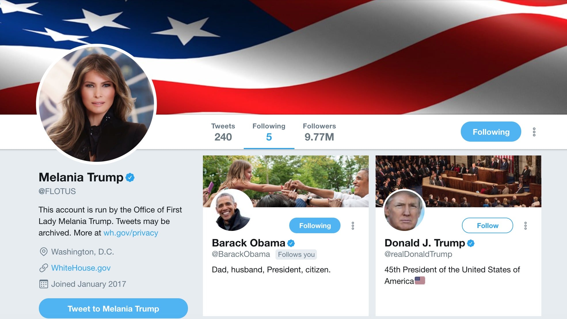 Melania Trump only follows five people on Twitter, and one of them is