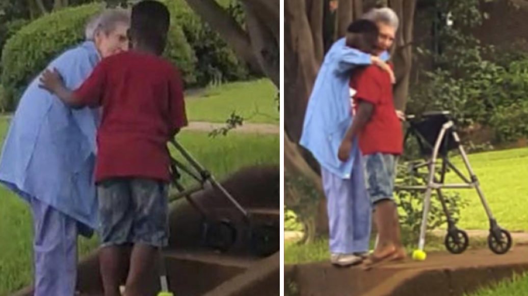 Maurice Adams Jr. helps elderly woman up stairs thegrio.com