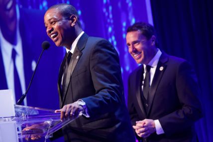 WASHINGTON, DC - OCTOBER 29: Justin Fairfax, Lt. Governor of Virginia, and Rep. Mark Walker (R-NC) present the Educational Leadership Award during the Thurgood Marshall College Fund 31st Anniversary Awards Gala at on October 29, 2018 in Washington, DC. (Photo by Paul Morigi/Getty Images for Thurgood Marshall College Fund) thegrio.com