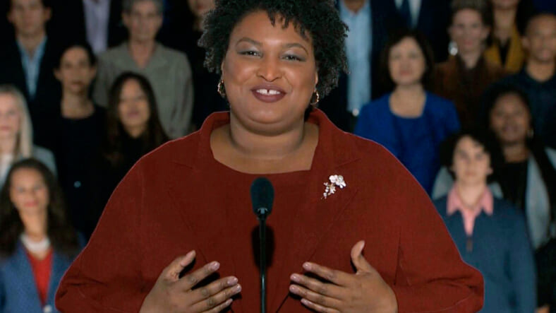 In this pool image from video, Stacey Abrams delivers the Democratic party's response to President Donald Trump's State of the Union address, Tuesday, Feb. 5, 2019 from Atlanta. Abrams narrowly lost her bid in November to become America's first black female governor, and party leaders are aggressively recruiting her to run for U.S. Senate from Georgia. Speaking from Atlanta, Abrams calls the shutdown a political stunt that "defied every tenet of fairness and abandoned not just our people, but our values." (Pool video image via AP) thegrio.com