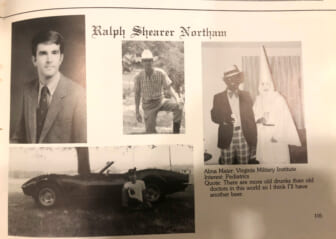 This image shows Virginia Gov. Ralph Northam’s page in his 1984 Eastern Virginia Medical School yearbook. The page shows a picture, at right, of a person in blackface and another wearing a Ku Klux Klan hood next to different pictures of the governor. It's unclear who the people in the picture are, but the rest of the page is filled with pictures of Northam and lists his undergraduate alma mater and other information about him. (Eastern Virginia Medical School via AP) thegrio.com