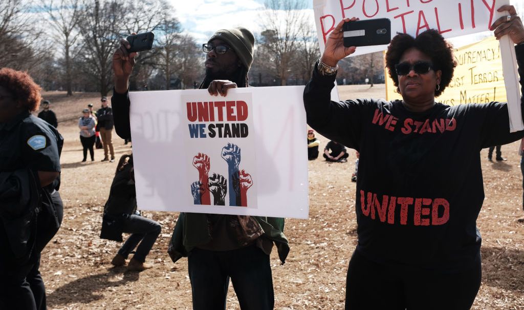 ATLANTA, GEORGIA - FEBRUARY 02: People attend an afternoon rally against racism on February 02, 2019 in Atlanta, Georgia. Alt-right and white supremacist groups had planned to hold a rally at Stone Mountain, a park celebrating confederate history, but backed out after officials closed the park with a heavy police presence. Atlanta is hosting Super Bowl LII between the Los Angeles Rams and New England Patriots on Sunday. (Photo by Spencer Platt/Getty Images) thegrio.com