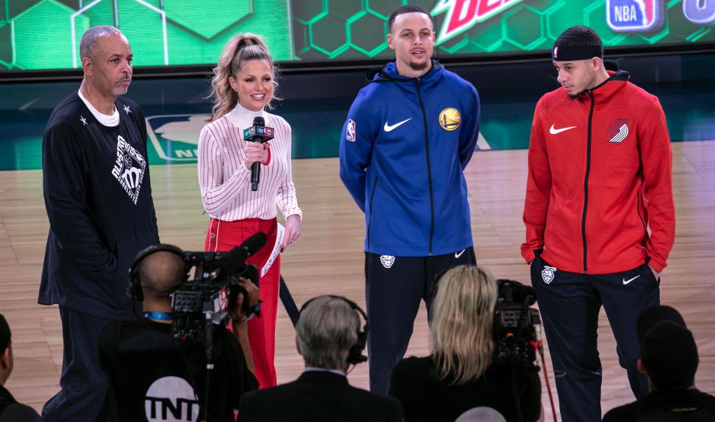 (L-R) Del Curry, Allie LaForce, Steph Curry and Seth Curry at the 2019 NBA All-Star Saturday Night on February 16, 2019 in Charlotte, North Carolina. (Photo by Jeff Hahne/Getty Images) thegrio.com