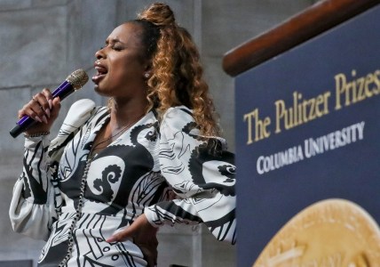 Oscar and Grammy awards singer Jennifer Hudson sings "Amazing Grace" in tribute to Aretha Franklin, who received a special music citation during the 2019 Pulitzer Prize winners awards luncheon at Columbia University, Tuesday May 28, 2019, in New York. (AP Photo/Bebeto Matthews)
