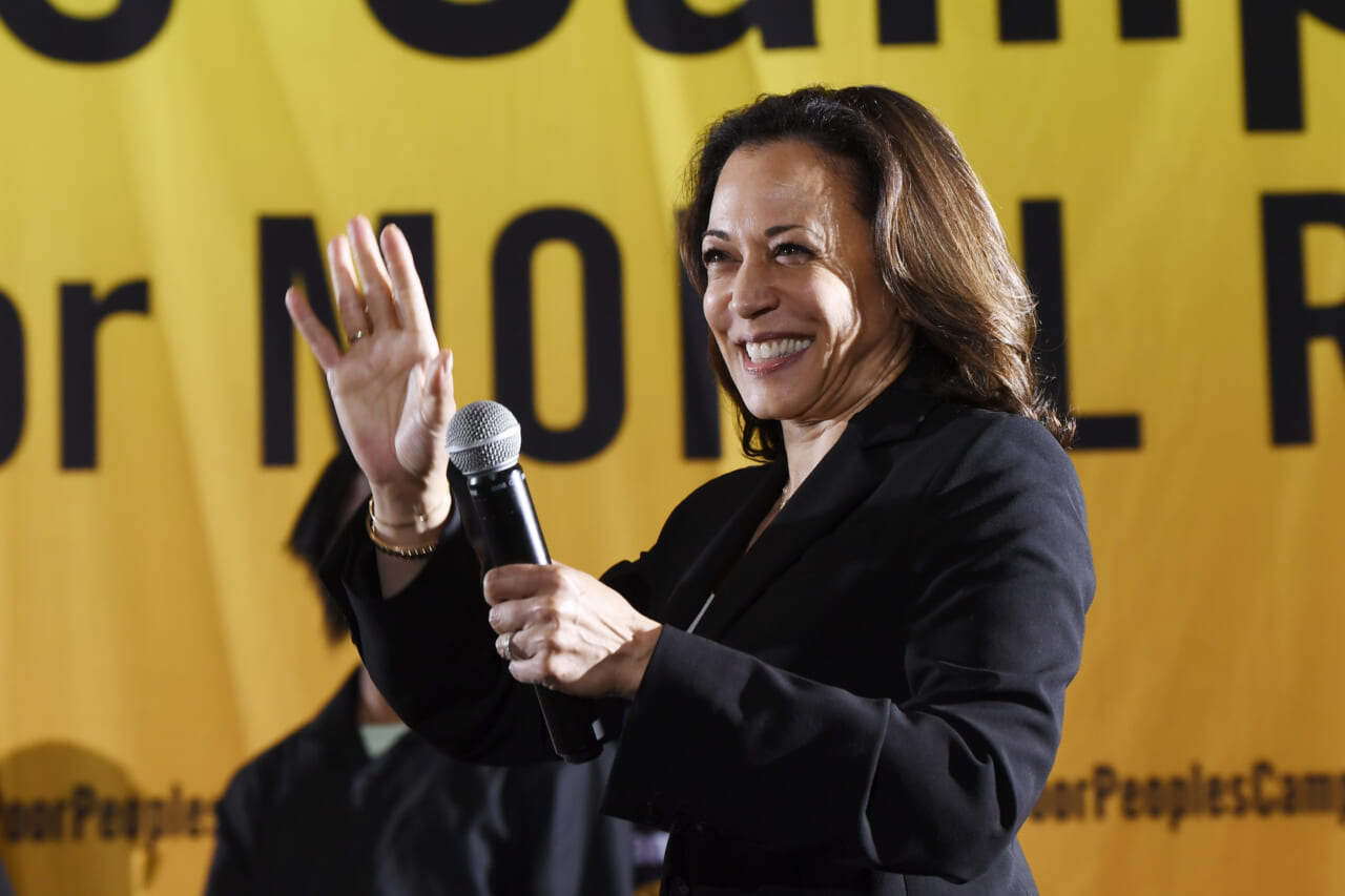 In this June 17, 2019, photo, Democratic presidential candidate Sen. Kamala Harris, D-Calif., speaks at the Poor People's Moral Action Congress presidential forum in Washington. Harris is stepping up her outreach to the black community as she campaigns for the Democratic presidential nomination. (AP Photo/Susan Walsh)