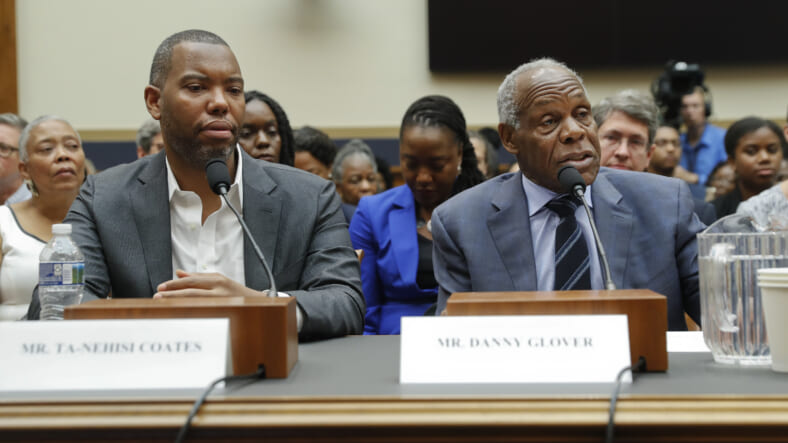 Actor Danny Glover, right, and author Ta-Nehisi Coates, left, testify about reparation for the descendants of slaves during a hearing before the House Judiciary Subcommittee on the Constitution, Civil Rights and Civil Liberties, at the Capitol in Washington, Wednesday, June 19, 2019. (AP Photo/Pablo Martinez Monsivais)