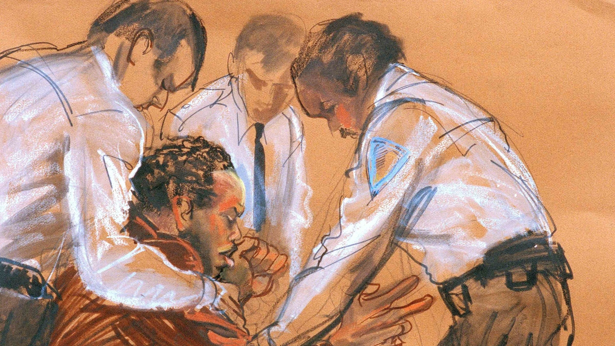 Illustration shows court officers restraining Kharey Wise in New York State Supreme Court