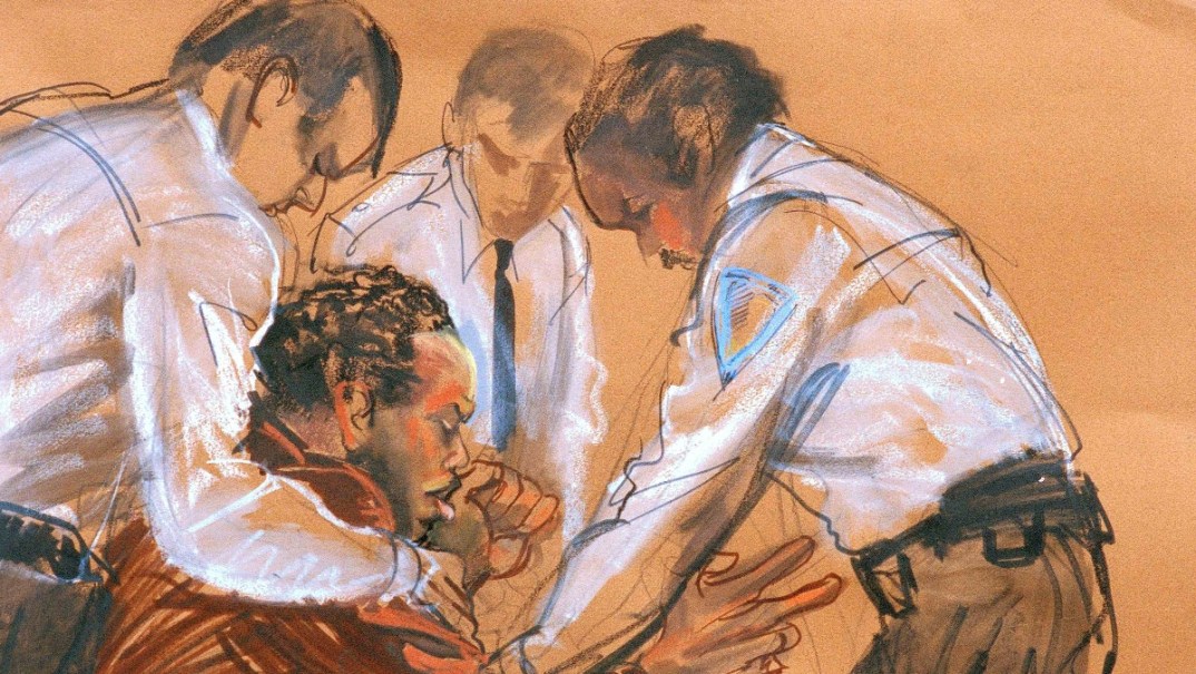 Illustration shows court officers restraining Kharey Wise in New York State Supreme Court