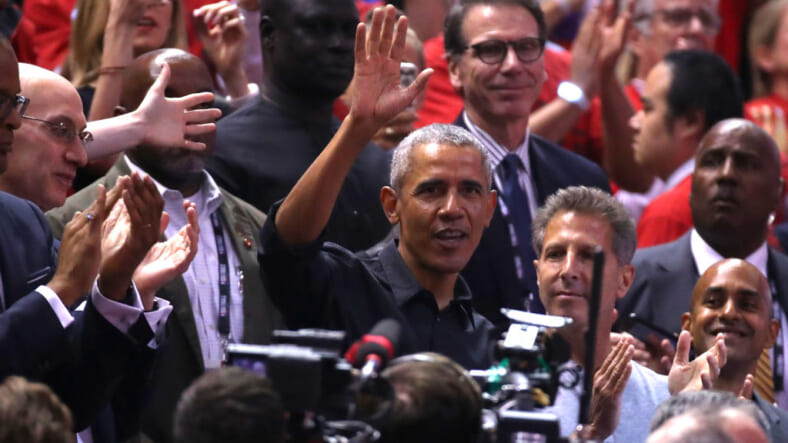 Former President of the United States, Barack Obama waves to the crowd during Game Two of the 2019 NBA Finals between the Golden State Warriors and the Toronto Raptors at Scotiabank Arena on June 02, 2019 in Toronto, Canada. NOTE TO USER: User expressly acknowledges and agrees that, by downloading and or using this photograph, User is consenting to the terms and conditions of the Getty Images License Agreement. (Photo by Gregory Shamus/Getty Images)