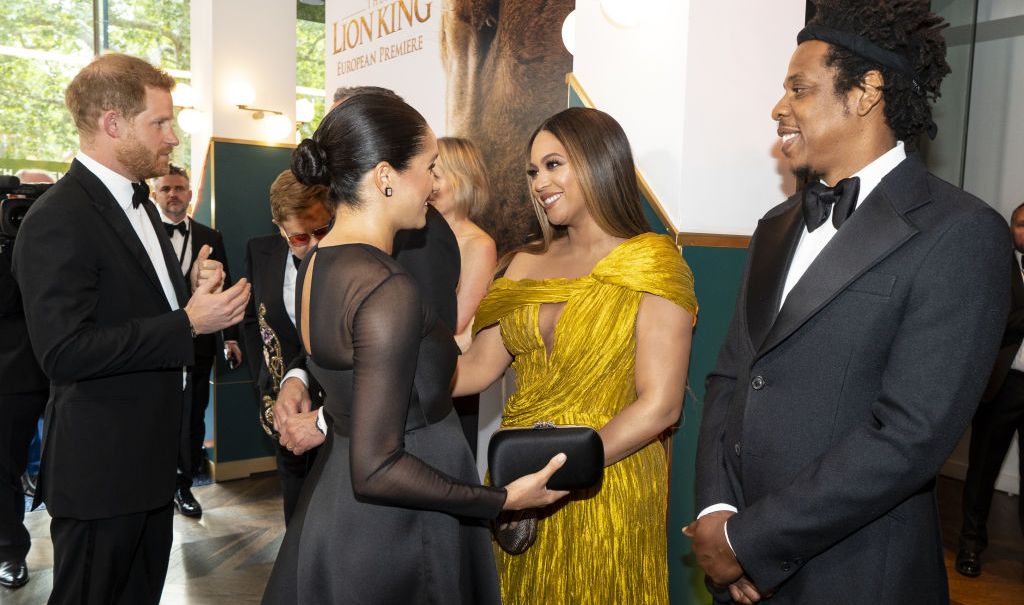 LONDON, ENGLAND - JULY 14: Prince Harry, Duke of Sussex (L) and Meghan, Duchess of Sussex (2nd L) meets cast and crew, including Beyonce Knowles-Carter (C) Jay-Z (R) as they attend the European Premiere of Disney's "The Lion King" at Odeon Luxe Leicester Square on July 14, 2019 in London, England. (Photo by Niklas Halle'n-WPA Pool/Getty Images)