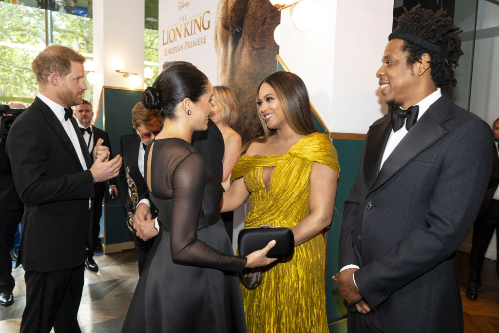 LONDON, ENGLAND - JULY 14: Prince Harry, Duke of Sussex (L) and Meghan, Duchess of Sussex (2nd L) meets cast and crew, including Beyonce Knowles-Carter (C) Jay-Z (R) as they attend the European Premiere of Disney's "The Lion King" at Odeon Luxe Leicester Square on July 14, 2019 in London, England. (Photo by Niklas Halle'n-WPA Pool/Getty Images)