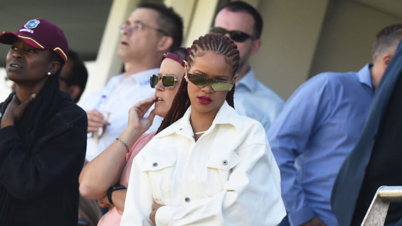 Singer Rihanna watches during the Group Stage match of the ICC Cricket World Cup 2019 between Sri Lanka and West Indies at Emirates Riverside on July 01, 2019 in Chester-le-Street, England. (Photo by Nathan Stirk/Getty Images)