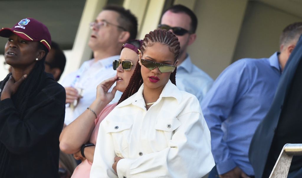 Singer Rihanna watches during the Group Stage match of the ICC Cricket World Cup 2019 between Sri Lanka and West Indies at Emirates Riverside on July 01, 2019 in Chester-le-Street, England. (Photo by Nathan Stirk/Getty Images)