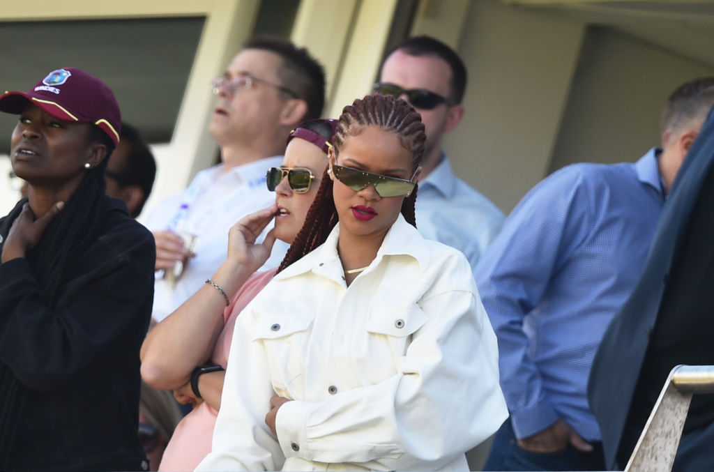 Singer Rihanna watches during the Group Stage match of the ICC Cricket World Cup 2019 between Sri Lanka and West Indies at Emirates Riverside on July 01, 2019 in Chester-le-Street, England. (Photo by Nathan Stirk/Getty Images)