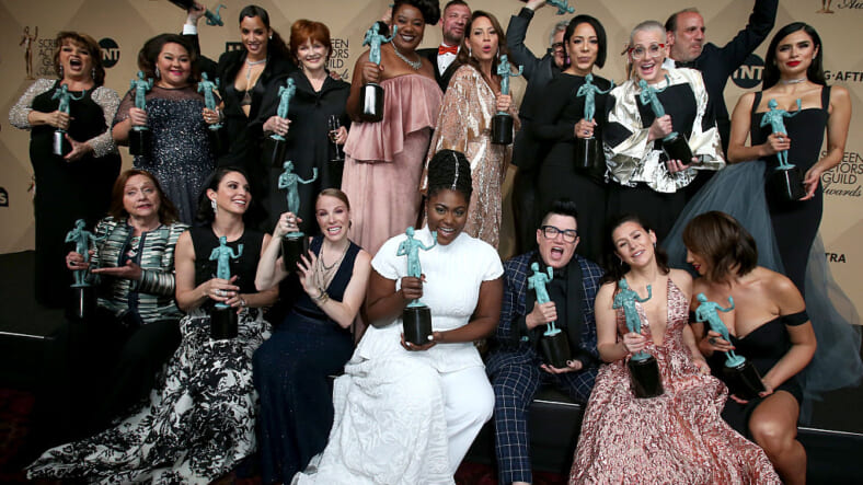 The cast of 'Orange Is The New Black' pose in the press room with their award for Outstanding Performance by an Ensemble in a Comedy Series at the 23rd Annual Screen Actors Guild Awards at The Shrine Expo Hall on January 29, 2017 in Los Angeles, California. (Photo by Dan MacMedan/WireImage)