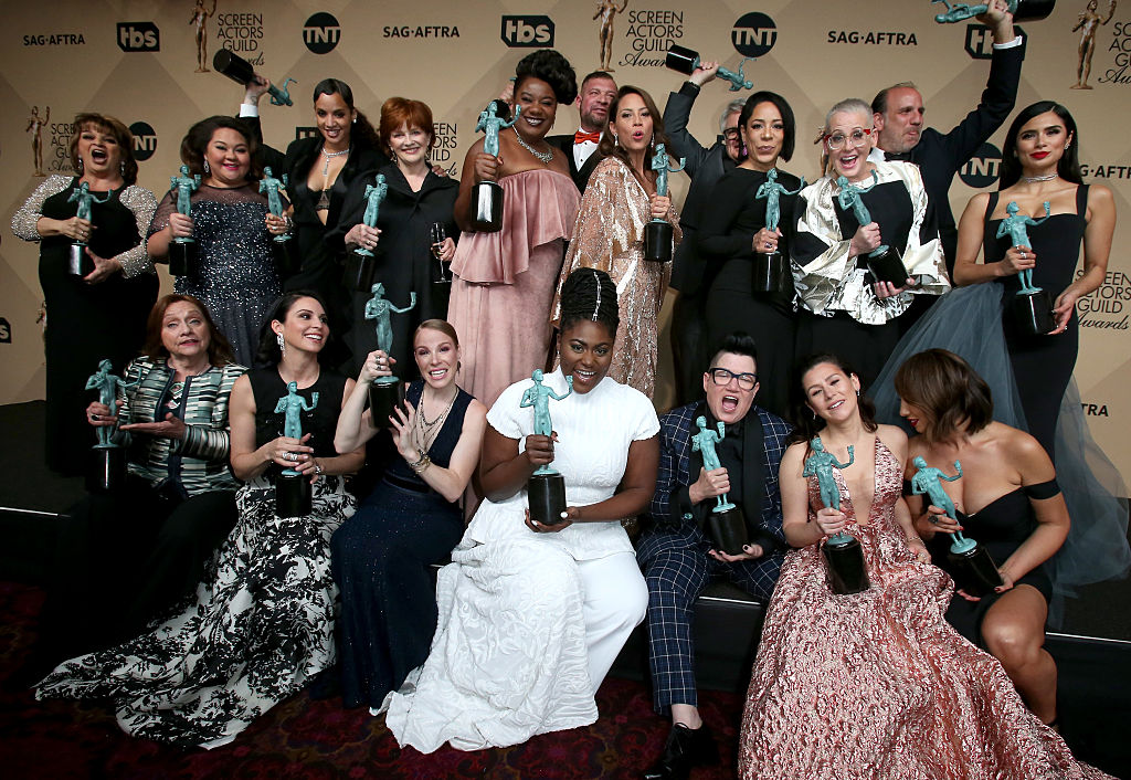 The cast of 'Orange Is The New Black' pose in the press room with their award for Outstanding Performance by an Ensemble in a Comedy Series at the 23rd Annual Screen Actors Guild Awards at The Shrine Expo Hall on January 29, 2017 in Los Angeles, California. (Photo by Dan MacMedan/WireImage)