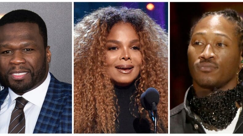 This combination photo shows, from left, rapper 50 Cent, singer Janet Jackson and rapper Future who have been added to the lineup for the Jeddah World Fest, the concert in Saudi Arabia. Nicki Minaj pulled out of the concert after human rights organizations urged her to cancel her appearance. (AP Photo)