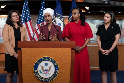 From left, Rep. Rashida Tlaib, D-Mich., Rep. Ilhan Omar, D-Minn., Rep. Ayanna Pressley, D-Mass., and Rep. Alexandria Ocasio-Cortez, D-N.Y., respond to base remarks by President Donald Trump after he called for the four Democratic congresswomen of color to go back to their "broken” countries, as he exploited the nation’s glaring racial divisions for political gain, during a news conference at the Capitol in Washington, Monday, July 15, 2019. All are American citizens and three of the four were born in the U.S. Rep. Omar is the first Somali-American in Congress. (AP Photo/J. Scott Applewhite)