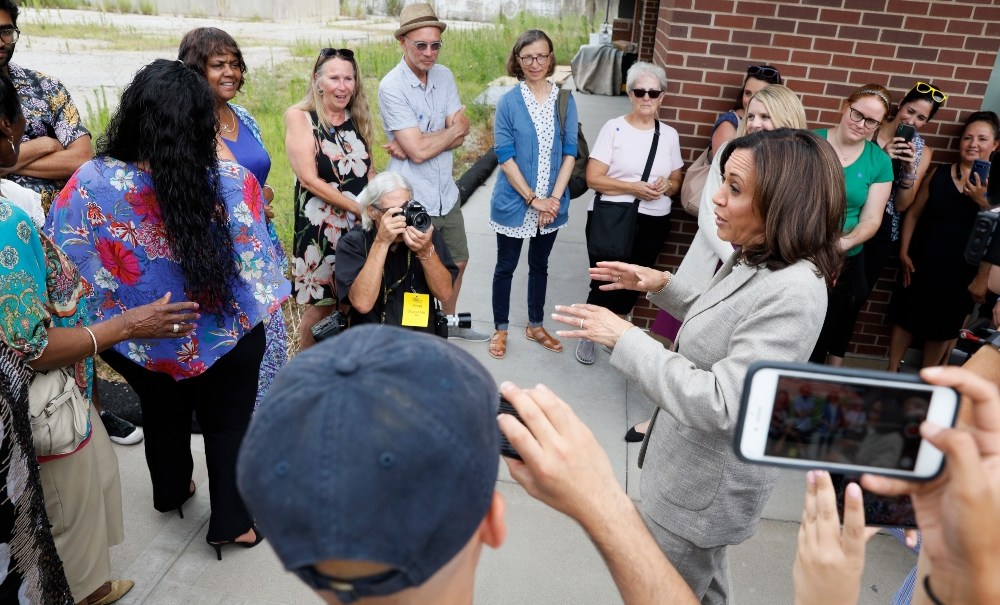 Democratic presidential candidate Sen. Kamala Harris speaks to an overflow crowd before a Women of Color roundtable discussion, Tuesday, July 16, 2019, in Davenport, Iowa. (AP Photo/Charlie Neibergall)