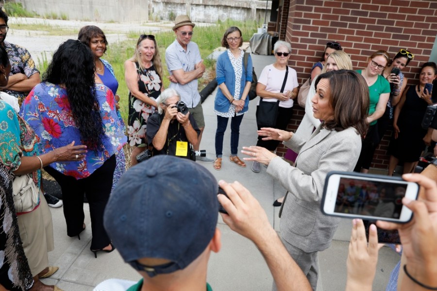Democratic presidential candidate Sen. Kamala Harris speaks to an overflow crowd before a Women of Color roundtable discussion, Tuesday, July 16, 2019, in Davenport, Iowa. (AP Photo/Charlie Neibergall)