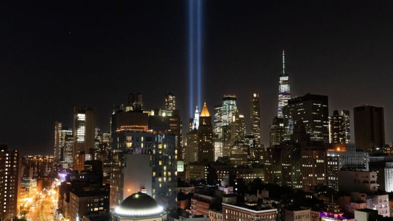 The Tribute in Light rises above the lower Manhattan skyline, Tuesday, Sept. 10, 2019 in New York. Wednesday marks the 18th anniversary of the terror attacks against the United States of Sept. 11, 2001. (AP Photo/Mark Lennihan) thegrio.com