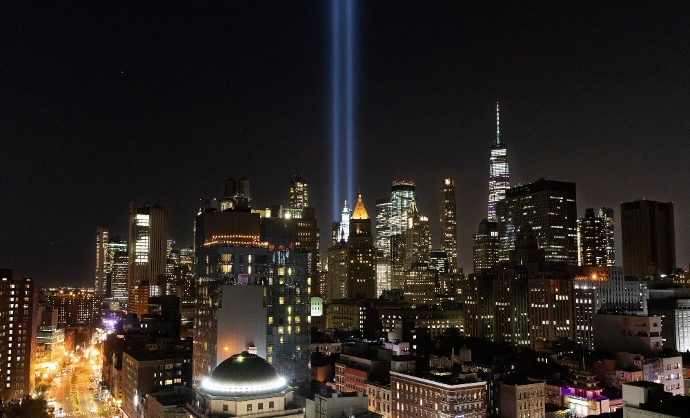 The Tribute in Light rises above the lower Manhattan skyline, Tuesday, Sept. 10, 2019 in New York. Wednesday marks the 18th anniversary of the terror attacks against the United States of Sept. 11, 2001. (AP Photo/Mark Lennihan) thegrio.com