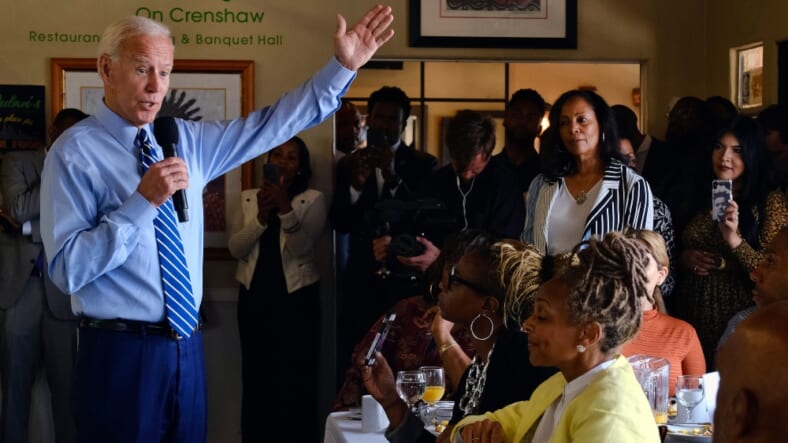 Democratic presidential candidate former Vice President Joe Biden speaks to community faith leaders after serving up breakfast during a visit to Dulan's soul food on Crenshaw, Thursday, July 18,2019 in Los Angeles. Biden spoke to black pastors and community leaders at Dulan's on Crenshaw sole food restaurant during a campaign tip to Los Angeles. He said Trump is ripping apart the country's social fabric and that Democrats must defeat him, regardless of whether Biden is the party's nominee or not. (AP Photo/Richard Vogel) thegrio.com