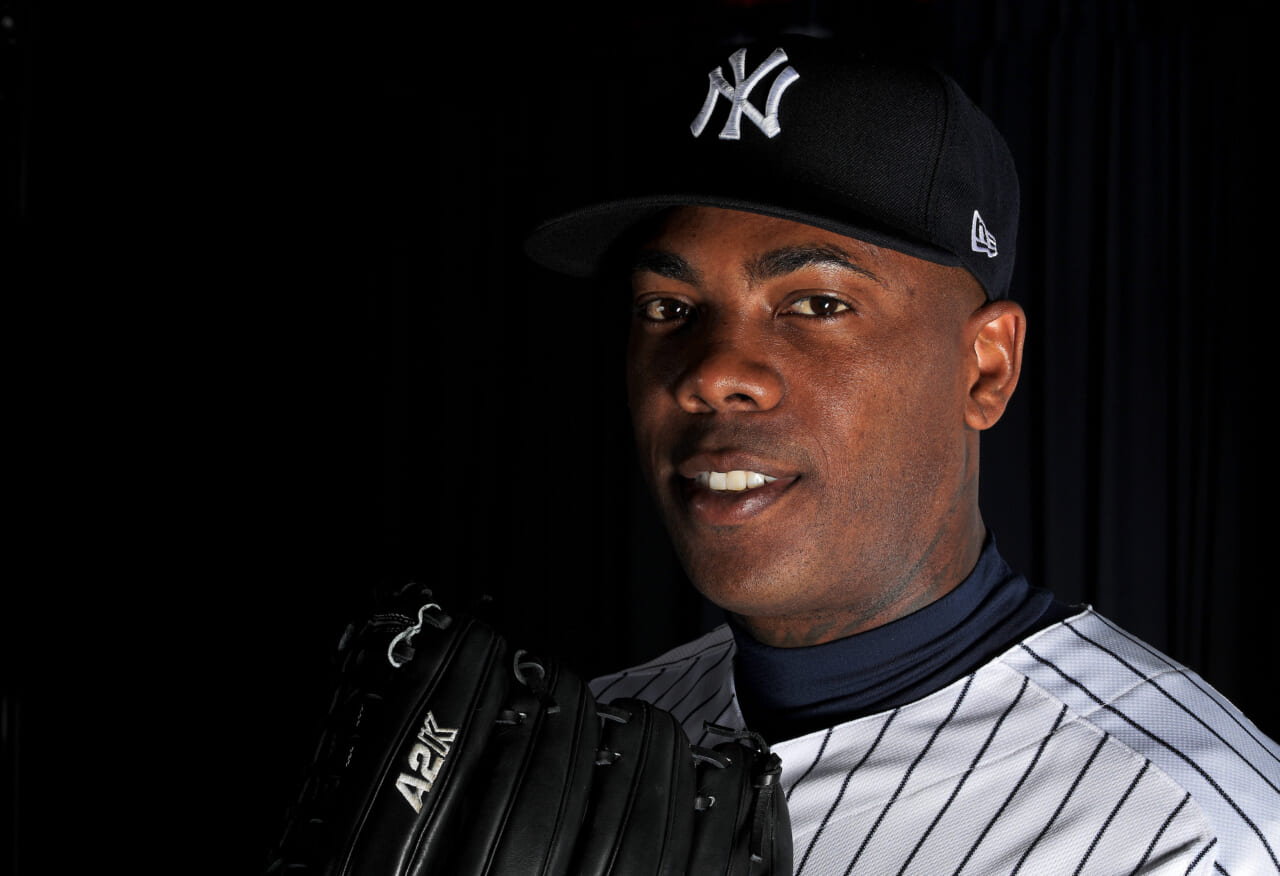 Aroldis Chapman of the New York Yankees poses for a photo with his