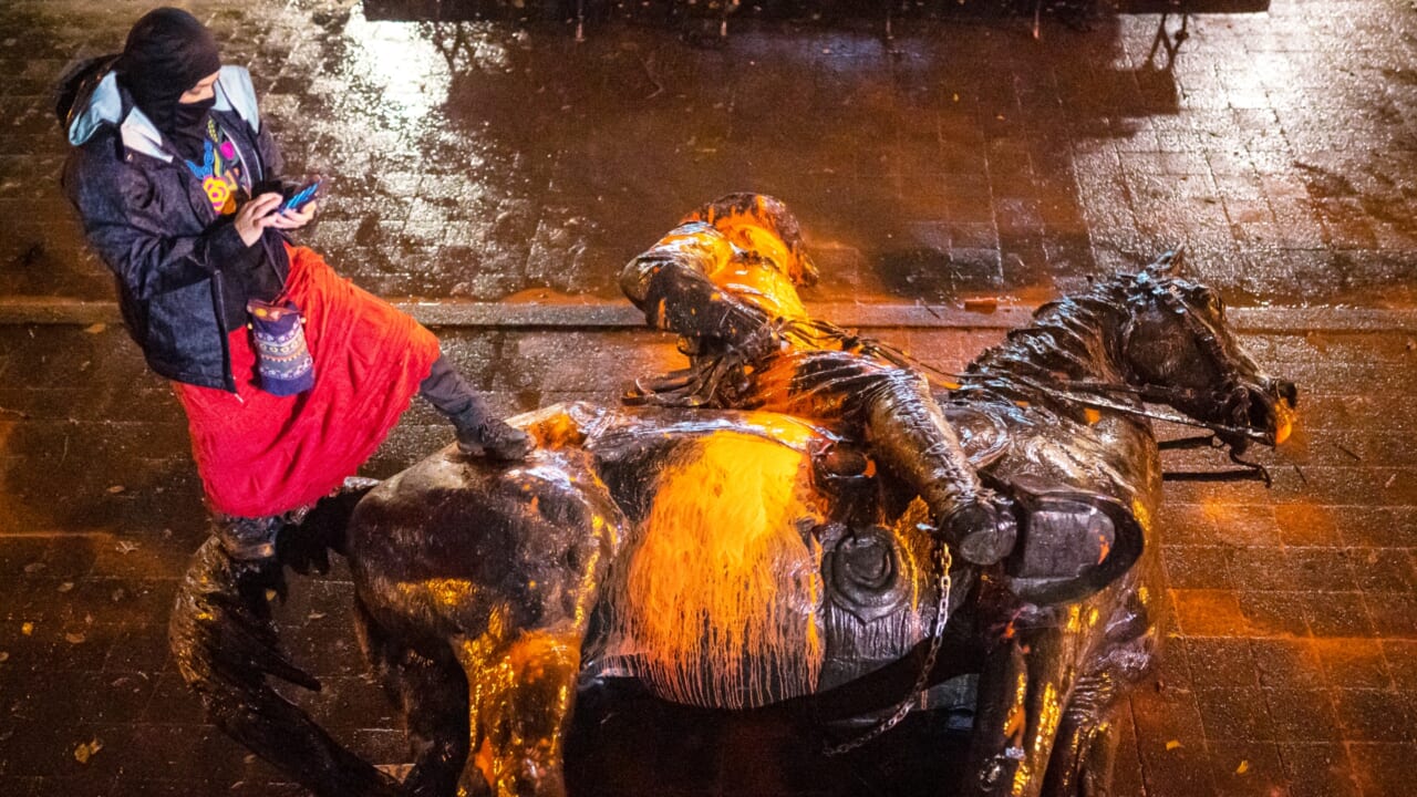 Portland demonstrators knock down statues during 'Indigenous Peoples